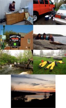 Left to right / top to bottom: Make shift field lab in Darling Center Cabin, make shift field lab in the field (!), Maine-ly Meat Restaurant, Acadia NP, Alewife fish ladder in Damariscotta, ME, grass roll, and sunset.