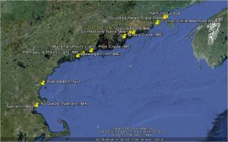 Map of the 11 sites surveyed in the Gulf of Maine