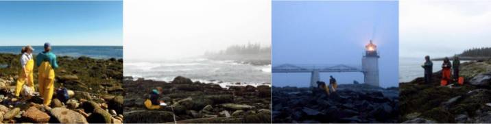 Left to right: Week long progression of beautiful weather on day 1 to pouring rain on day 4. Sites: Cranberry Rd, Gouldsboro, ME; Bracy Cove, ME; Marshall Point, ME; and Newagen Seaside Inn, ME