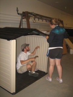Kylla and Brendan working on the shed - almost done!