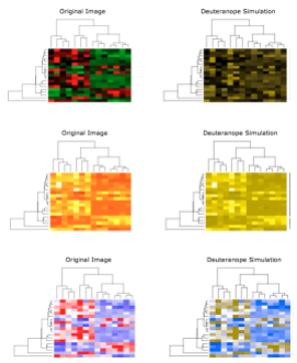 A comparison of heatmaps made using some common color schemes: red, black and green (top left), default heatmap colors in R yellow to red (middle left) and red & blue (bottom left), along with their corresponding simulation for red/green deficit on the right.