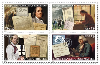 Commemorative stamps released in 2006 representing various pursuits of Ben Franklin (Image credit: http://faq.usps.com/eCustomer/iq/images/AI7546-6.jpg)